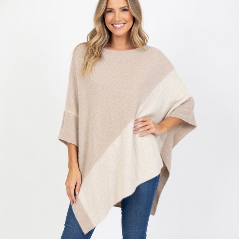 Barefoot Dreams Shaw Poncho Wrap Elegant Color Block Women's Sweater One Size